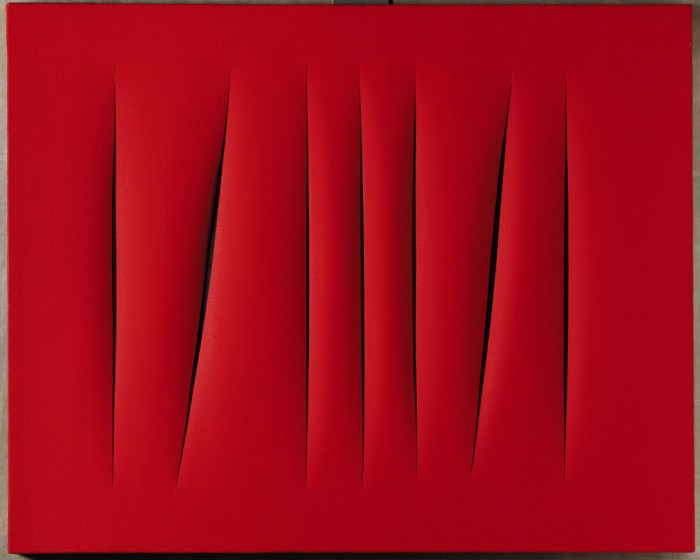20th Century Italian Sale Sotheby's London - 15 October, 2007 Lucio Fontana (1899-1968) Concetto Spaziale, Attese signed, titled and inscribed Questo quadro a sette tagli... on the reverse waterpaint on canvas Executed in 1968. Estimate: £700,000 - £1,000,000